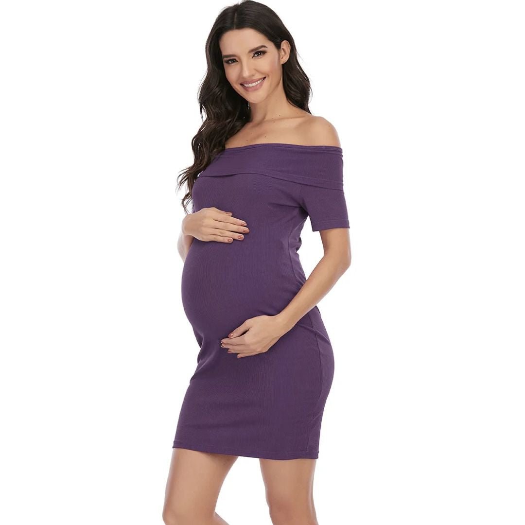 Chantal Maternity Dress – Off Shoulder Bodycon Pregnancy Dress, Above the Knee, 5 Colors, S–2XL – Parsha Purple