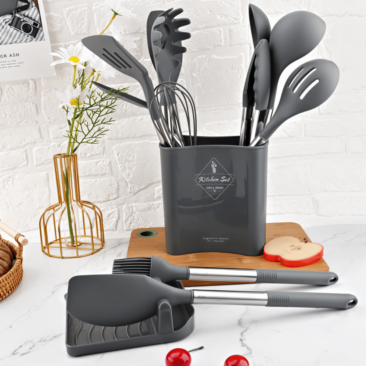 12-Piece Silicone Kitchen Utensil Set – Heat Resistant Cooking Utensils with Stainless Steel Handles – Culinara Pro