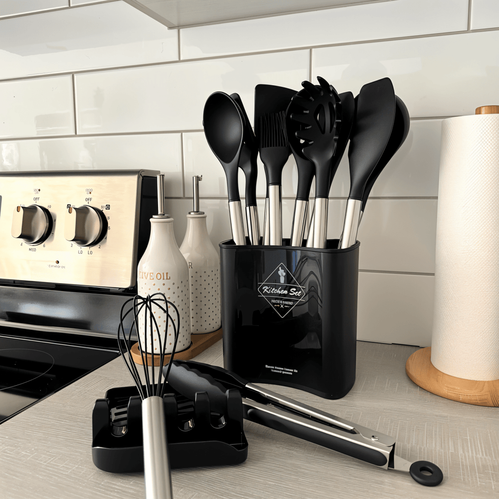 12-Piece Silicone Kitchen Utensil Set – Heat Resistant Cooking Utensils with Stainless Steel Handles – Culinara Pro Black
