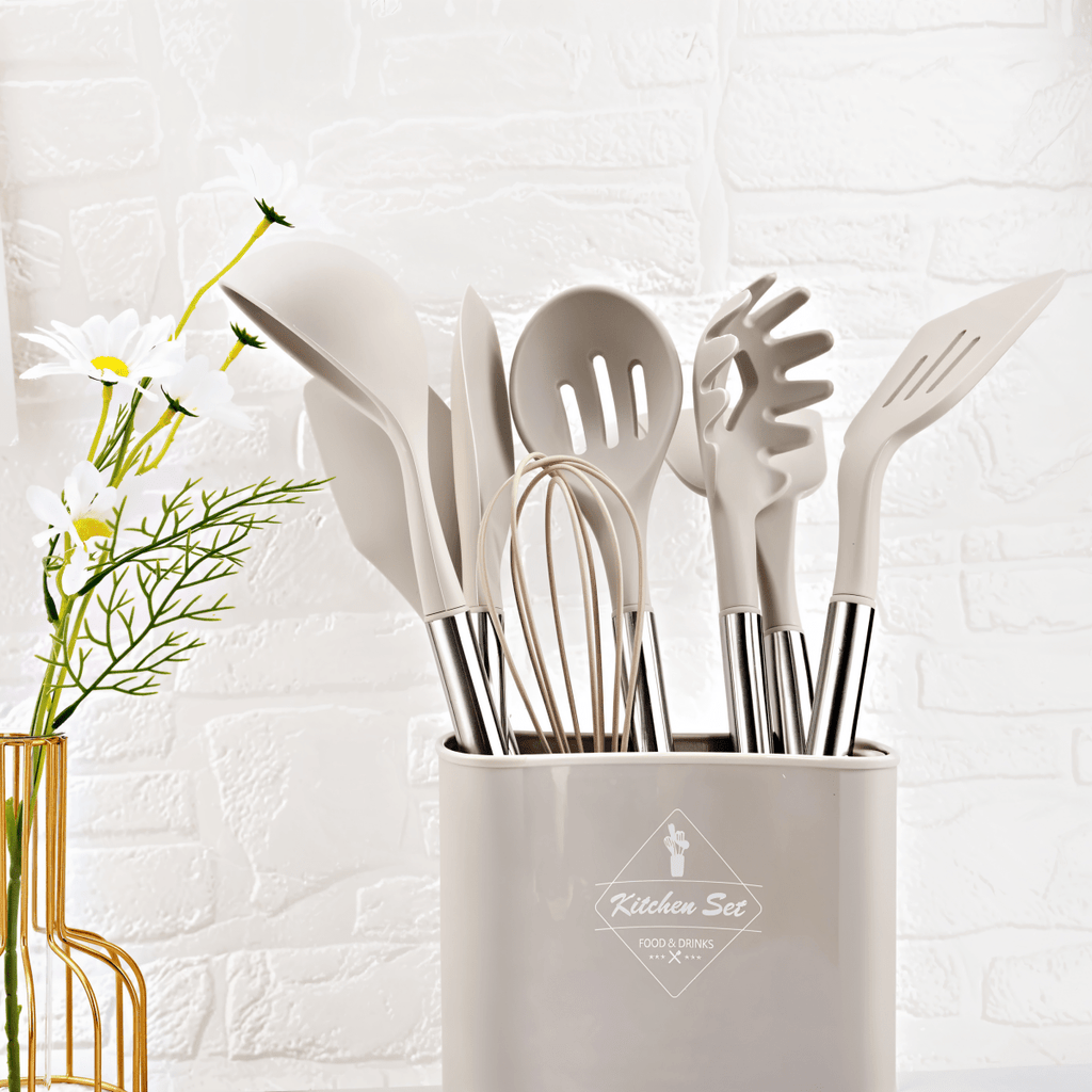 12-Piece Silicone Kitchen Utensil Set – Heat Resistant Cooking Utensils with Stainless Steel Handles – Culinara Pro Light Brown