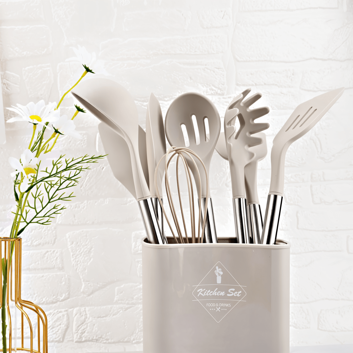 12-Piece Silicone Kitchen Utensil Set – Heat Resistant Cooking Utensils with Stainless Steel Handles – Culinara Pro Light Brown