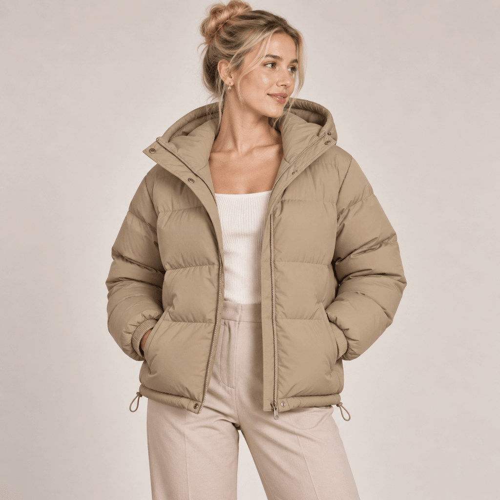 Hooded Puffer Jacket Women Winter Coat with Zip Front Beige