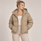 Hooded Puffer Jacket Women Winter Coat with Zip Front Beige