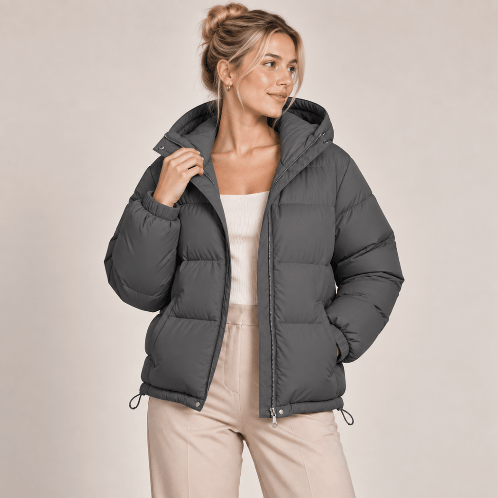Hooded Puffer Jacket Women Winter Coat with Zip Front Dark Grey