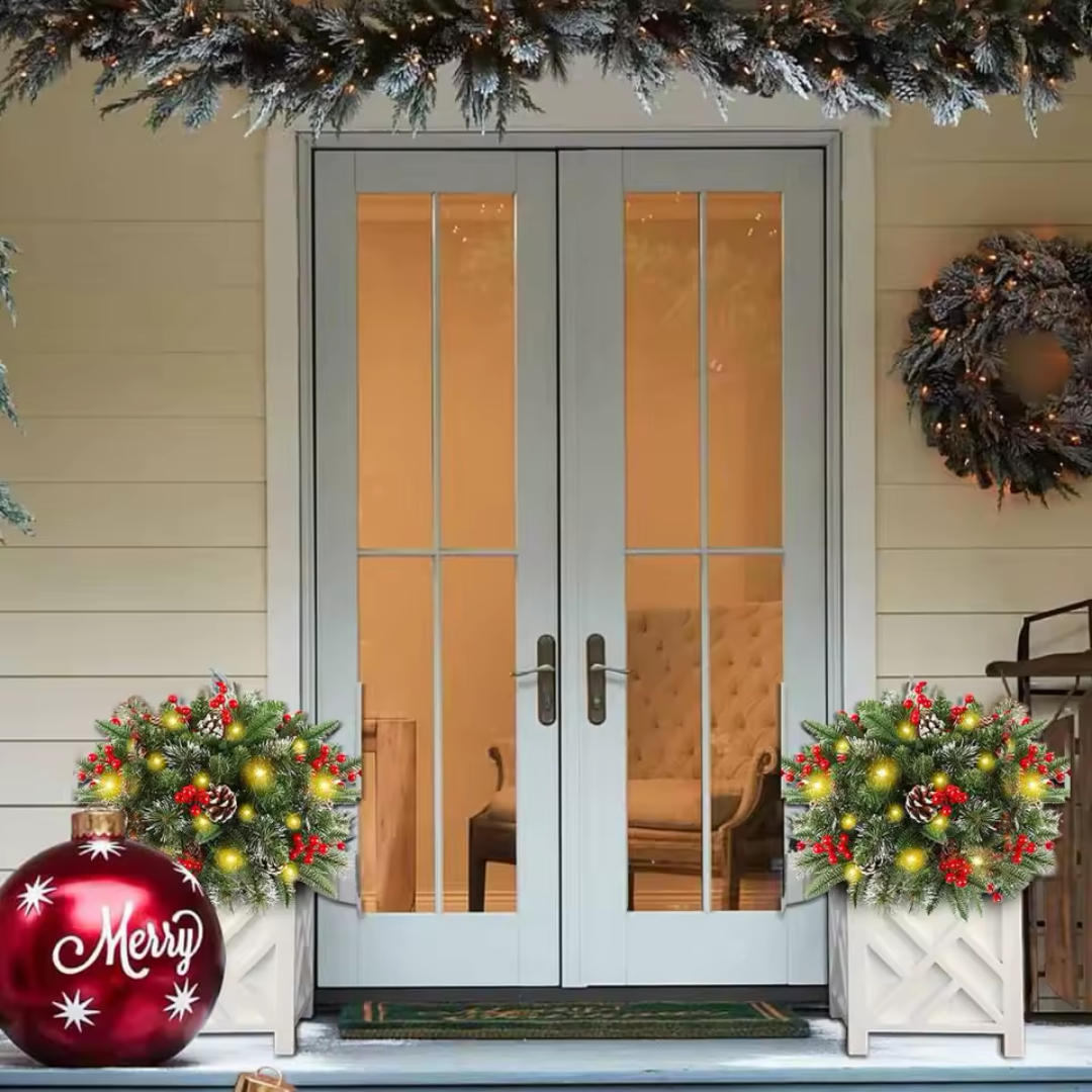 Lighted Christmas Wreath Planter Insert – 20 in Battery Operated Pre-Lit Decoration with 50 LEDs, 8 Modes & Timer
