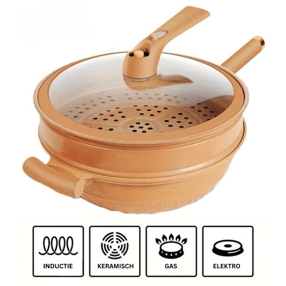 Multifunctional Wok Pan with Nonstick Coating – Nonstick Wok for Stir Fry, Steaming & Simmering, Less Oil – CookFlex