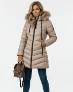 Anne Puffer Jacket for Women with Hood – Chevron Quilting & Faux Fur Collar Beige