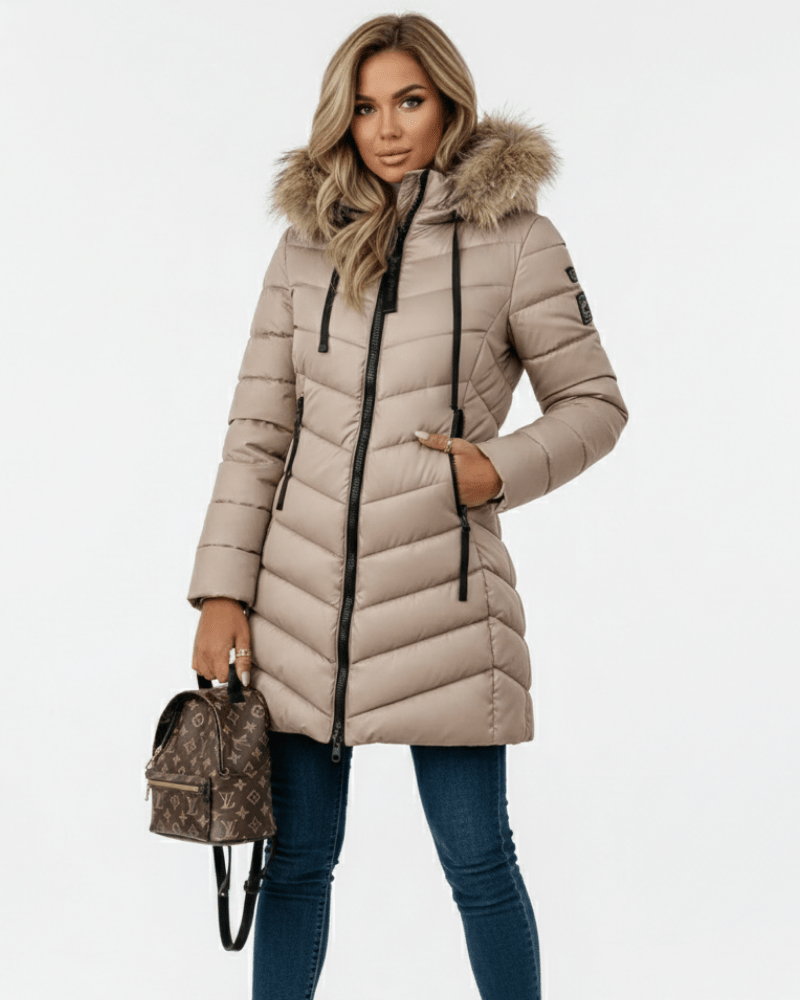 Anne Puffer Jacket for Women with Hood – Chevron Quilting & Faux Fur Collar Beige