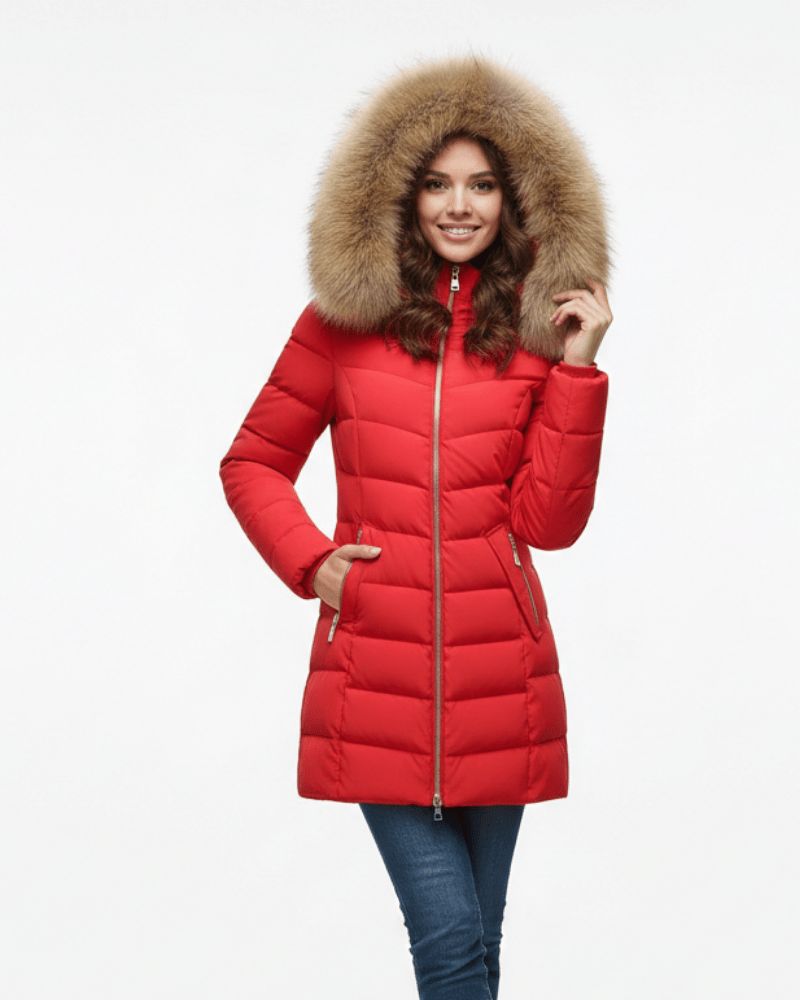 Anne Puffer Jacket for Women with Hood – Chevron Quilting & Faux Fur Collar Red