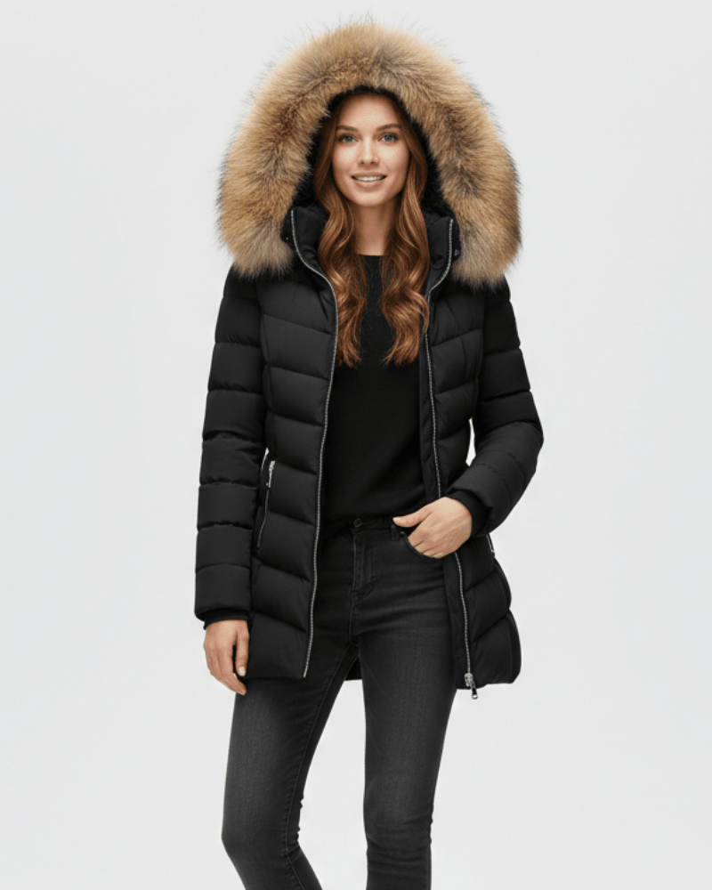 Anne Puffer Jacket for Women with Hood – Chevron Quilting & Faux Fur Collar Black