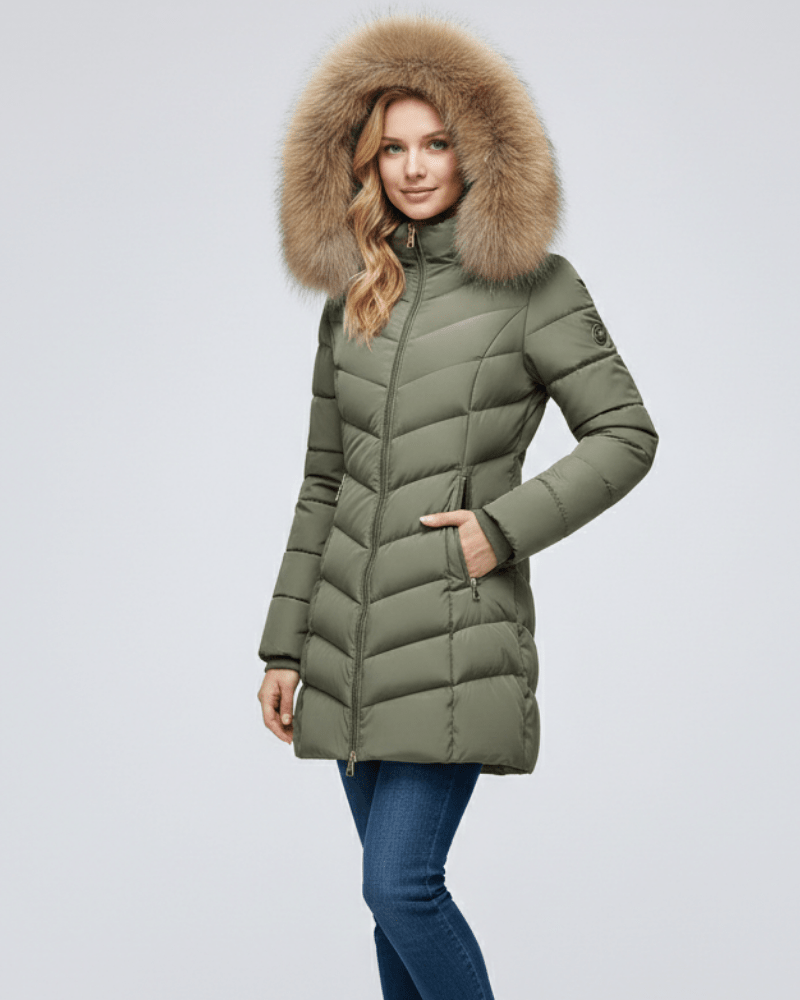 Anne Puffer Jacket for Women with Hood – Chevron Quilting & Faux Fur Collar Green