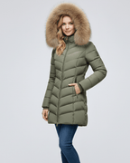 Anne Puffer Jacket for Women with Hood – Chevron Quilting & Faux Fur Collar Green