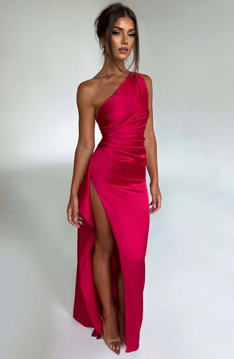 Jaida Satin Evening Dress | Asymmetrical One-Shoulder Design with High Split and Adjustable Straps 0