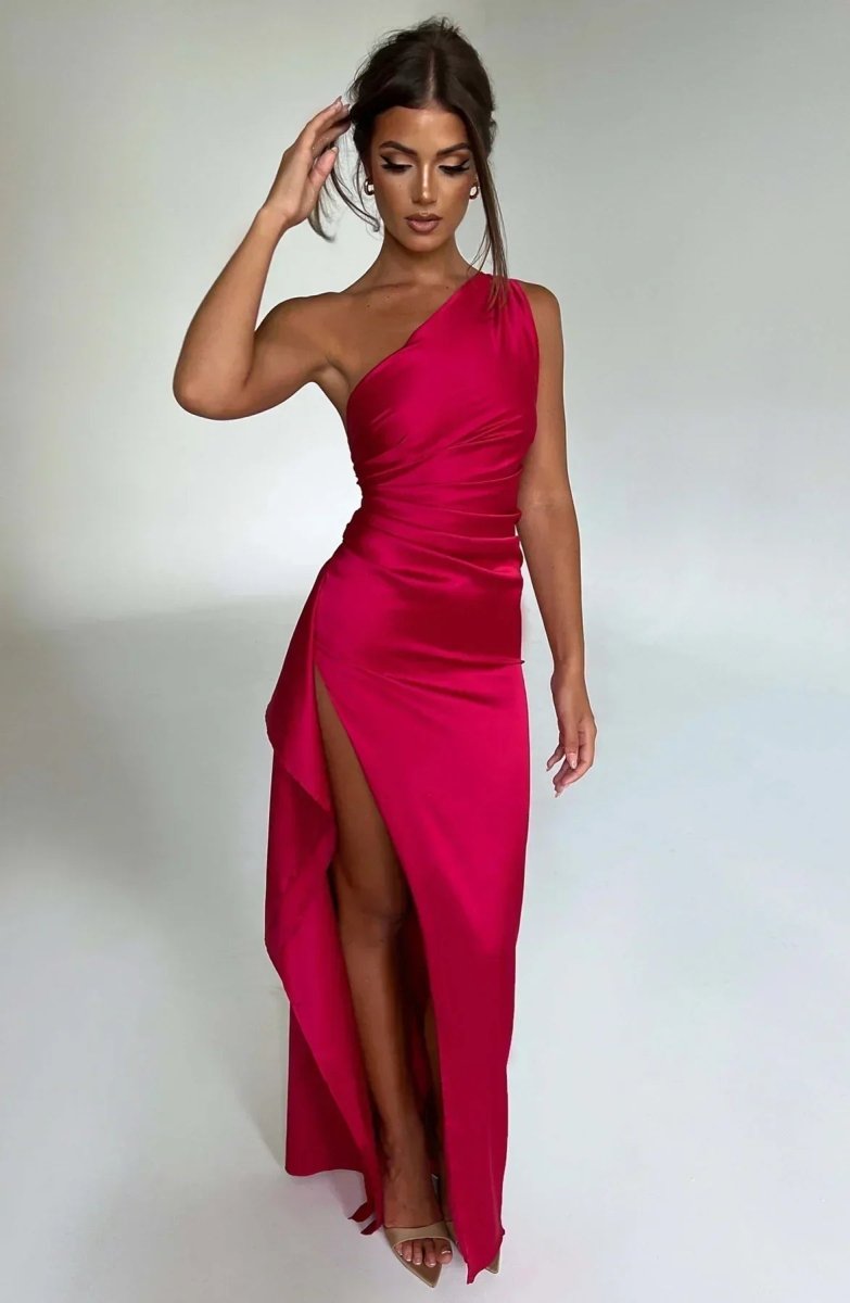 Jaida Satin Evening Dress | Asymmetrical One-Shoulder Design with High Split and Adjustable Straps 1