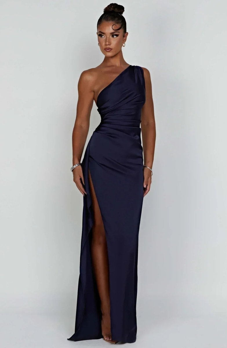 Jaida Satin Evening Dress | Asymmetrical One-Shoulder Design with High Split and Adjustable Straps 11
