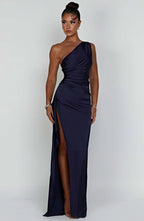 Jaida Satin Evening Dress | Asymmetrical One-Shoulder Design with High Split and Adjustable Straps 11