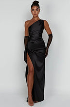 Jaida Satin Evening Dress | Asymmetrical One-Shoulder Design with High Split and Adjustable Straps 12