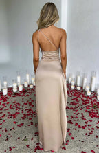 Jaida Satin Evening Dress | Asymmetrical One-Shoulder Design with High Split and Adjustable Straps 3