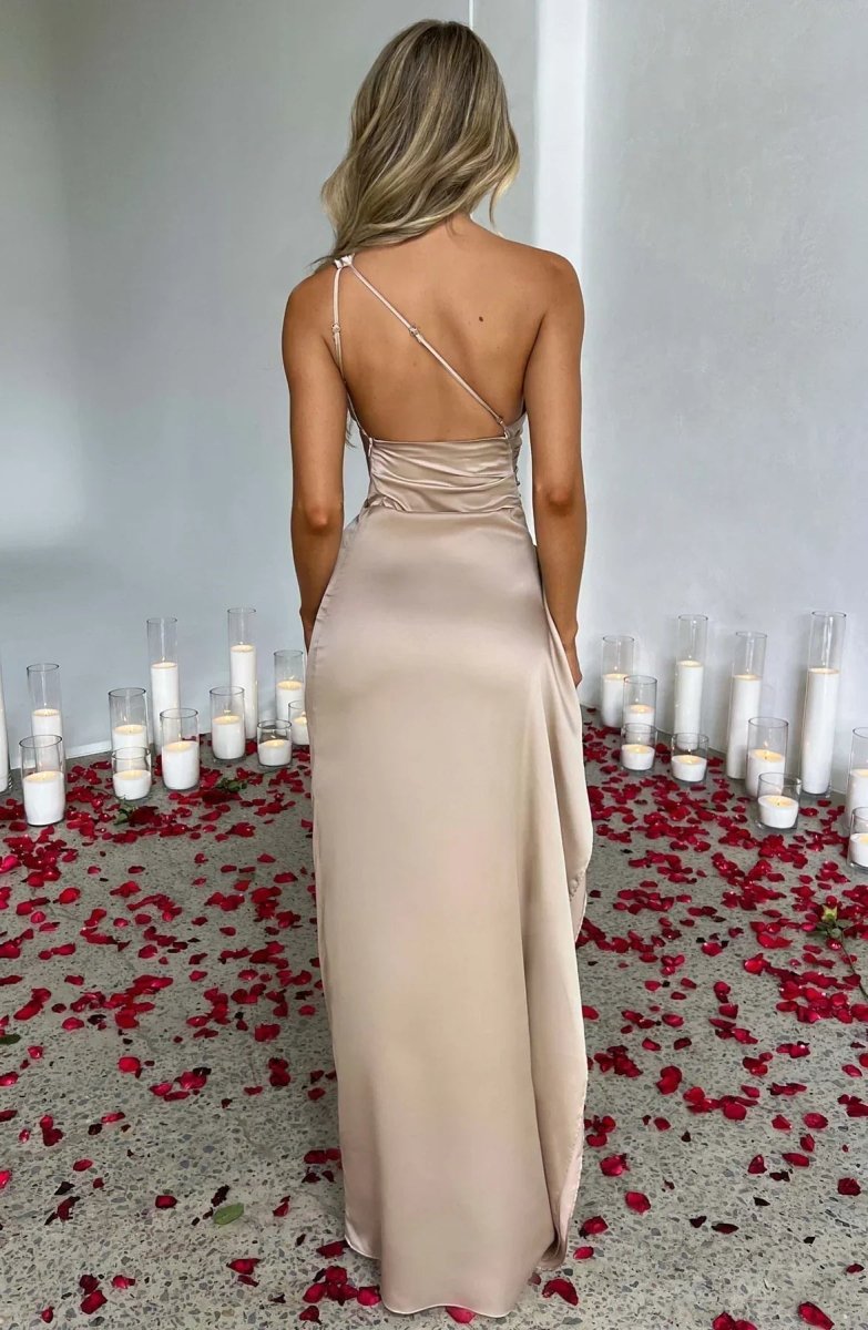 Jaida Satin Evening Dress | Asymmetrical One-Shoulder Design with High Split and Adjustable Straps 3