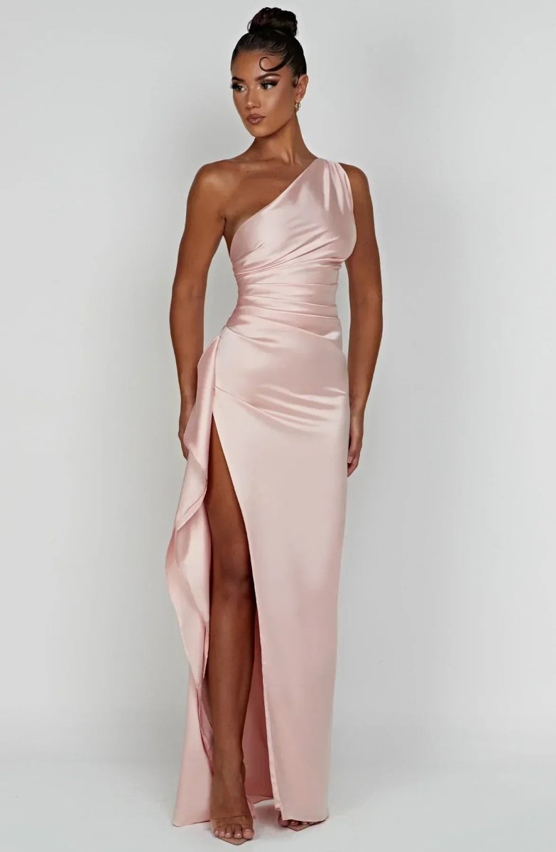 Jaida Satin Evening Dress | Asymmetrical One-Shoulder Design with High Split and Adjustable Straps 8