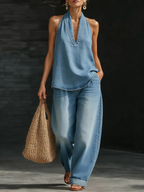 Chāme | Denim Set with V-Neck, Elegant and Versatile Sky Blue
