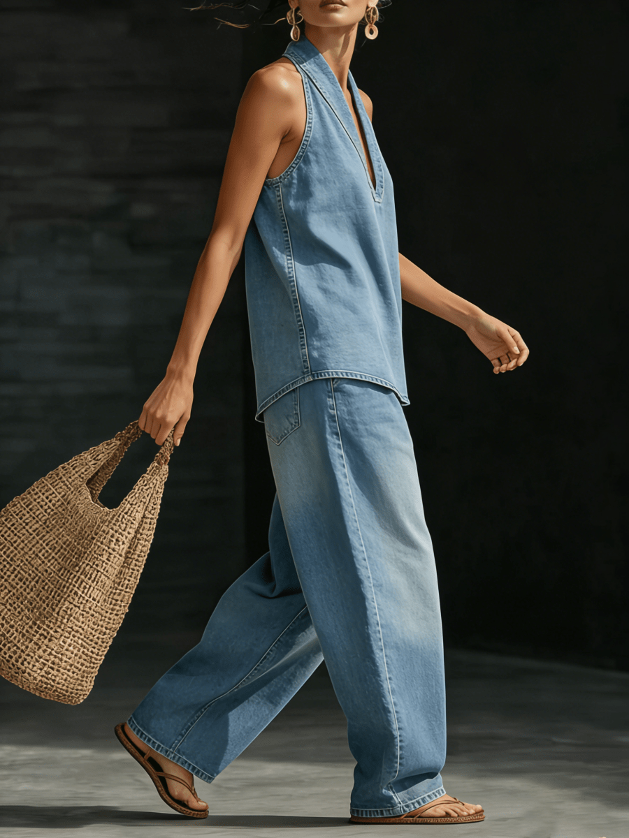 Eleonora | Denim Set with V-Neck, Elegant and Versatile