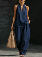 Chāme | Denim Set with V-Neck, Elegant and Versatile Navy Blue