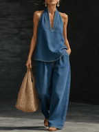 Eleonora | Denim Set with V-Neck, Elegant and Versatile Blue