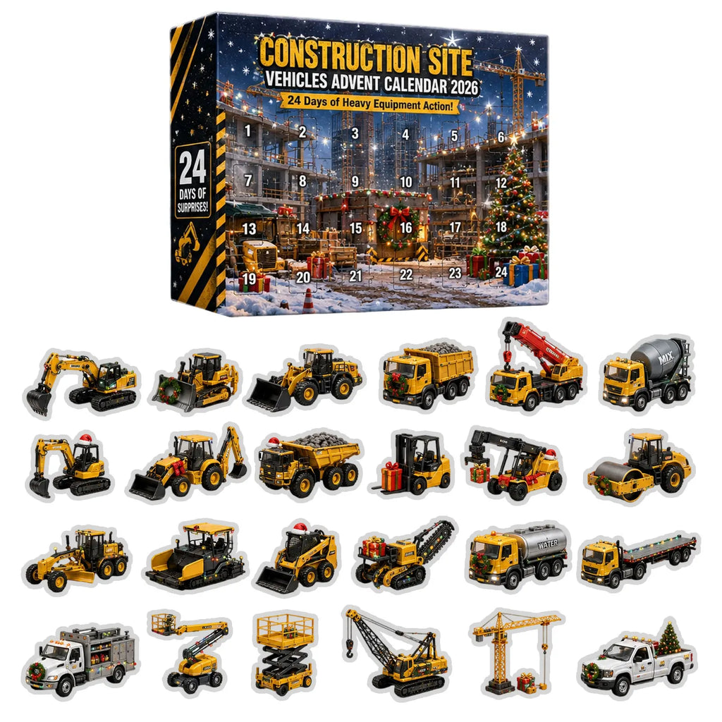 Construction Vehicle Advent Calendar for Kids – 24 Excavator & Cement Mixer Acrylic Ornaments, Non-Candy Countdown