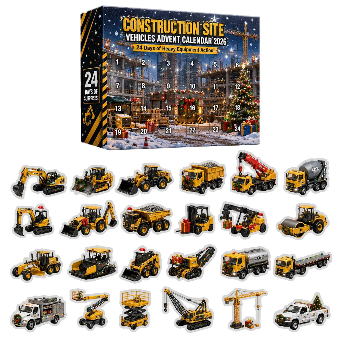 Construction Vehicle Advent Calendar for Kids – 24 Excavator & Cement Mixer Acrylic Ornaments, Non-Candy Countdown
