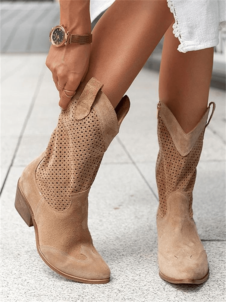 Knee High Cowgirl Boots for Women – Mid Heel & Embroidered Stitching 5
