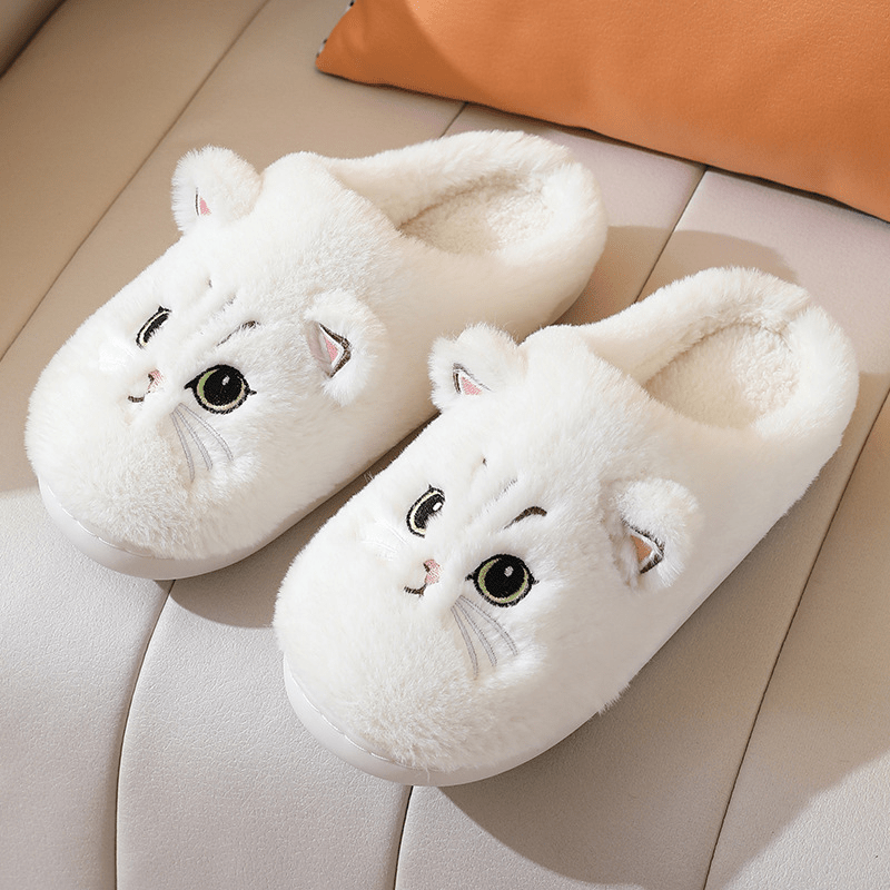 Ladies' Slippers – Cozy Slippers with Cat Design for Warm Feet White