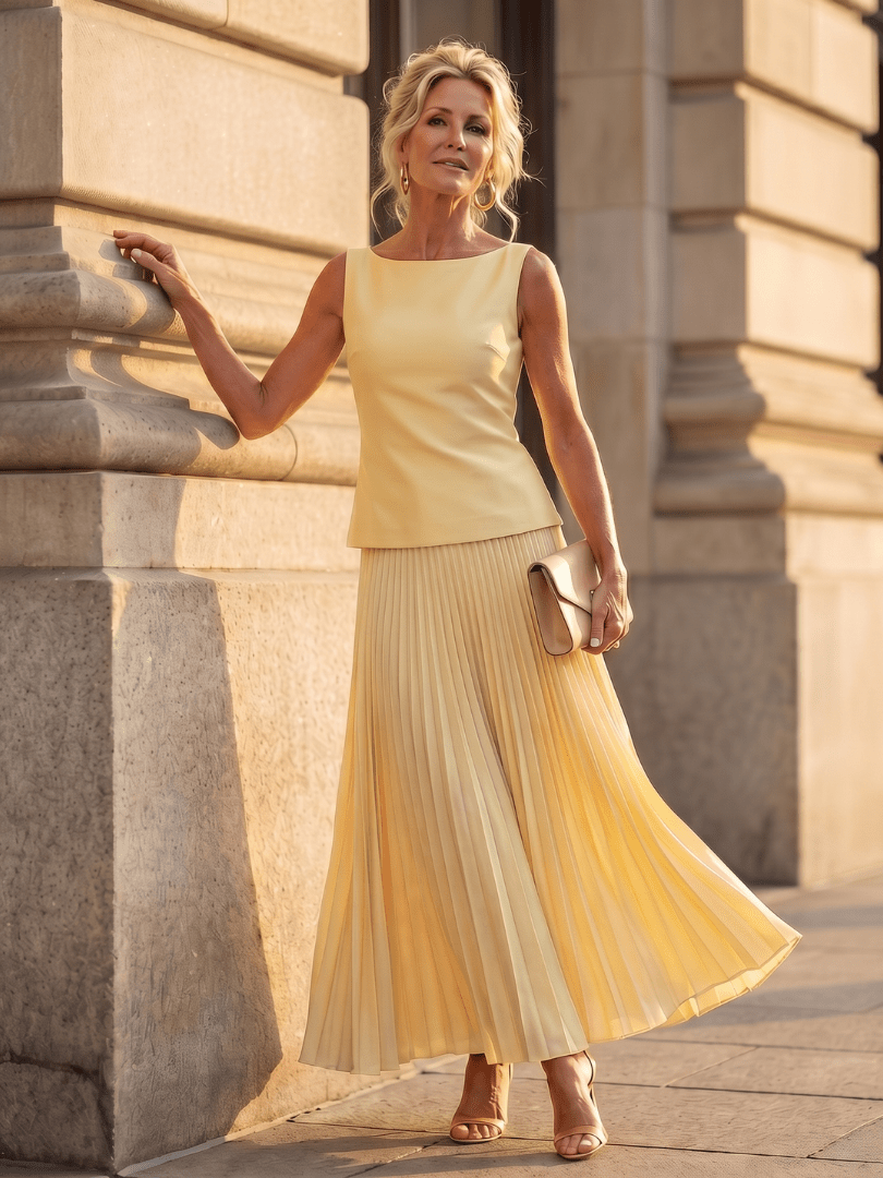 Lina | Elegant Twin Set Women – Structured Top & Flowing Pleated Skirt 2