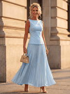 Liana | Elegant Ensemble with Structured Top and Pleated Skirt Sky Blue