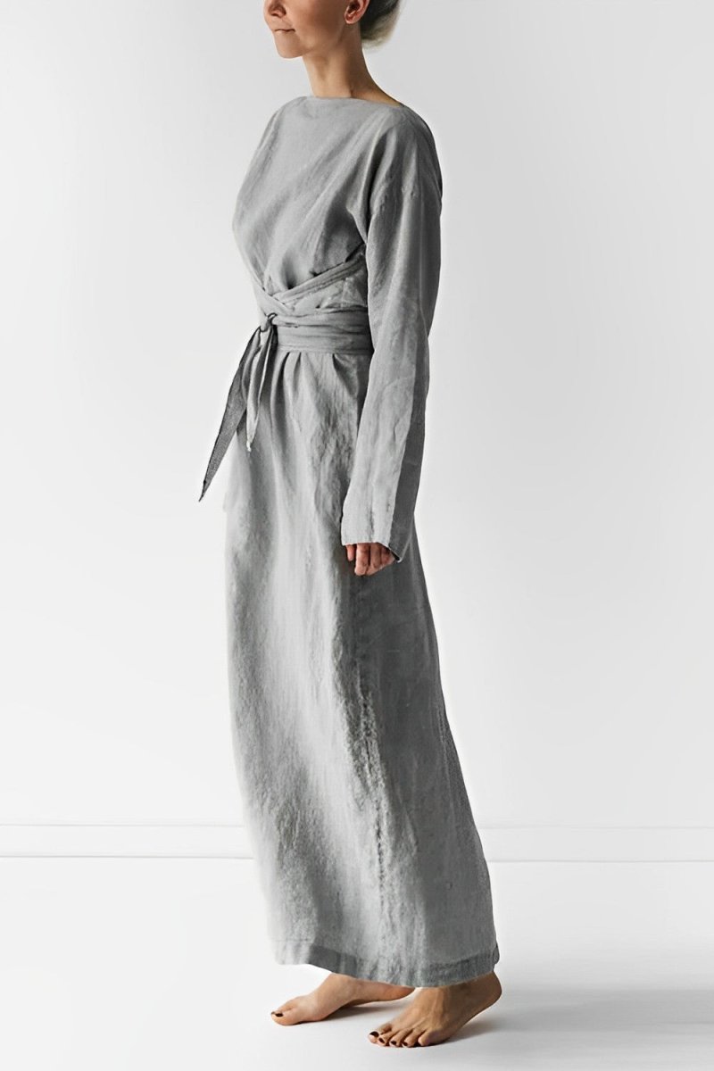 Linen dress, minimalist, long-sleeved, belt, handmade 0