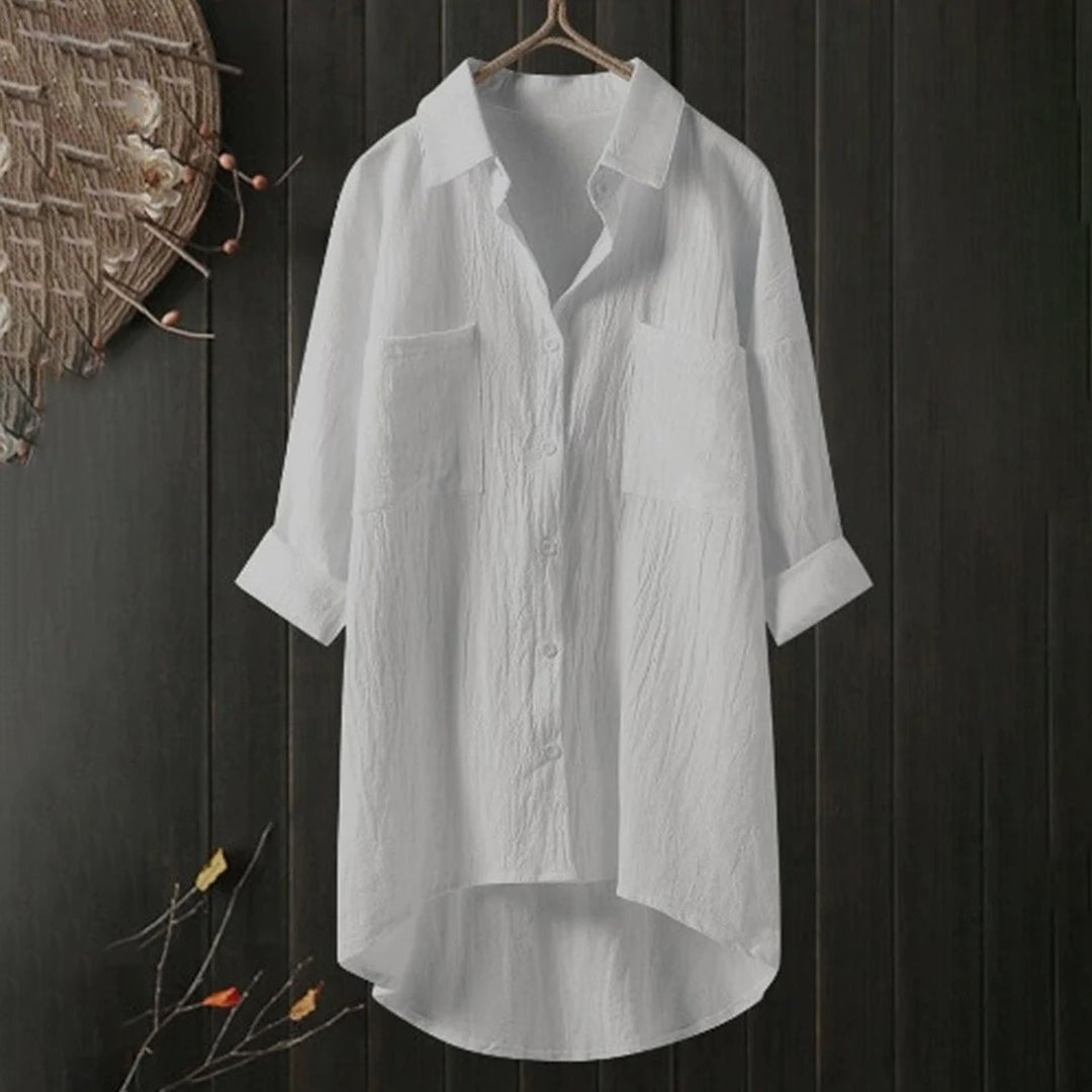 Linen shirt with button placket, long sleeves, relaxed fit 0