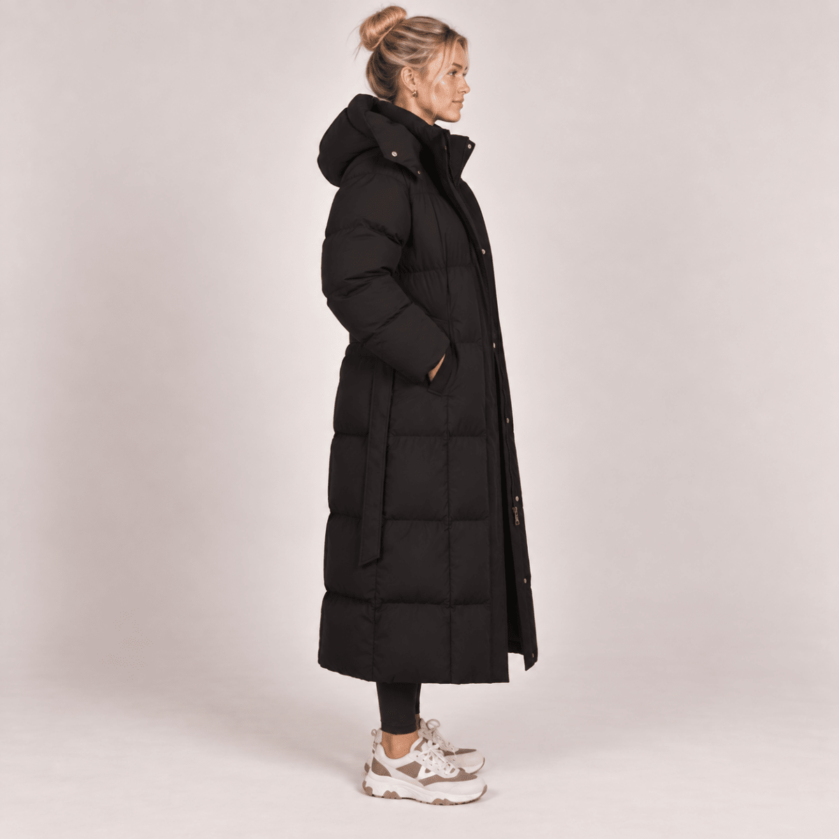 Long Puffer Coat Women Hooded Belted Padded Winter