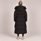Long Puffer Coat Women Hooded Belted Padded Winter