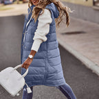 Women’s Long Hooded Vest – High-Density Thermal Weave, Architectural Silhouette & Alpine Urban Luxury blue
