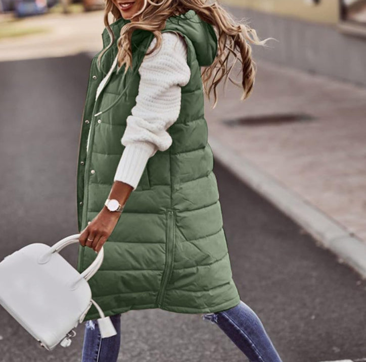 Women’s Long Hooded Vest – High-Density Thermal Weave, Architectural Silhouette & Alpine Urban Luxury green