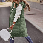 Women’s Long Hooded Vest – High-Density Thermal Weave, Architectural Silhouette & Alpine Urban Luxury green