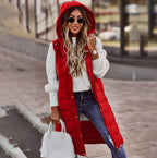 Women’s Long Hooded Vest – High-Density Thermal Weave, Architectural Silhouette & Alpine Urban Luxury red