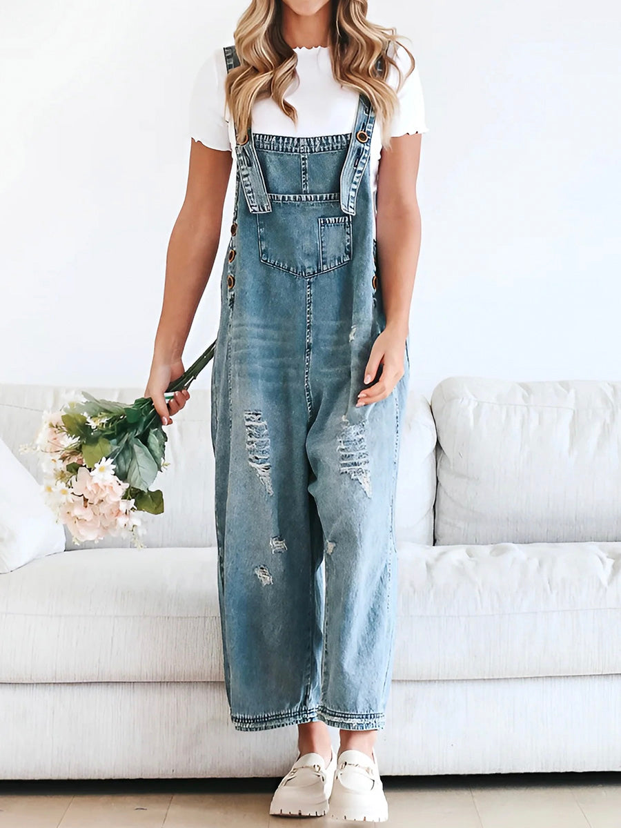 Women's Loose Fit Distressed Denim Overalls in Medium Blue color.