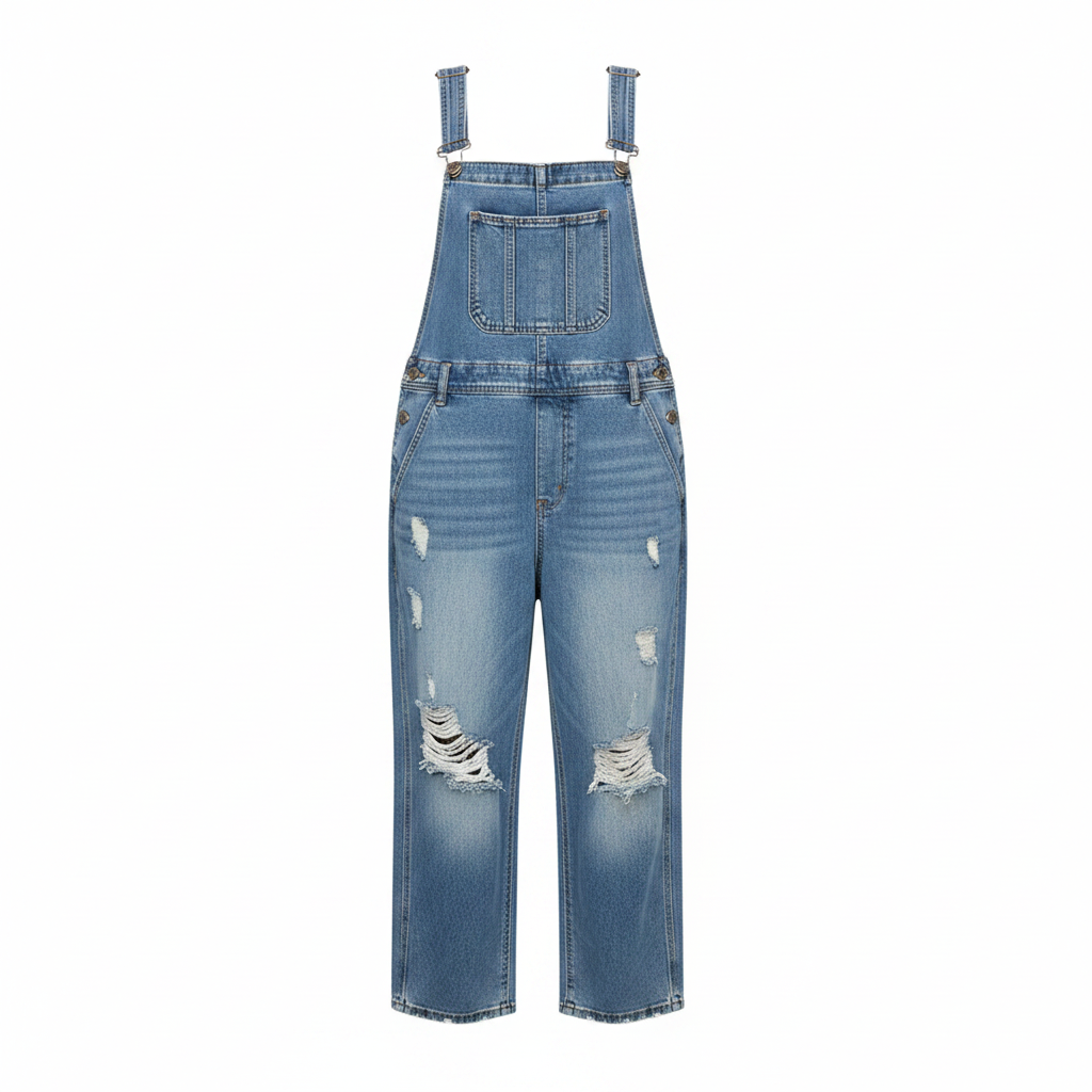 Women's Loose Fit Distressed Denim Overalls in Medium Blue color.