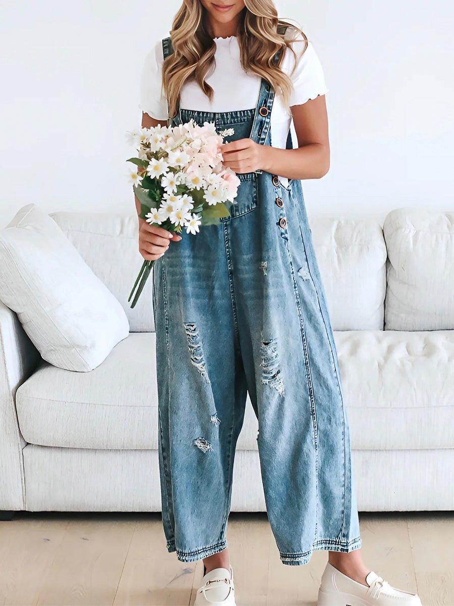 Women's Loose Fit Distressed Denim Overalls