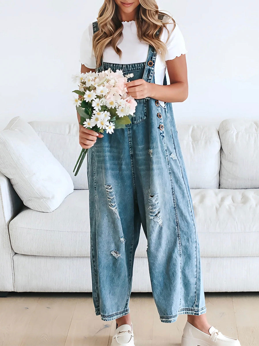 Women's Loose Fit Distressed Denim Overalls in Dark Blue color.
