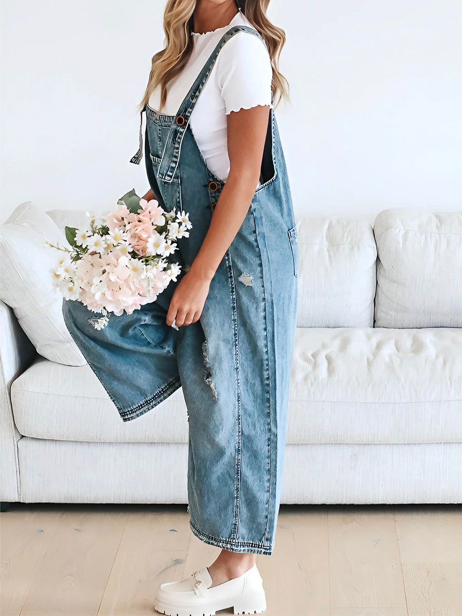 Women's Loose Fit Distressed Denim Overalls in Dark Blue color.