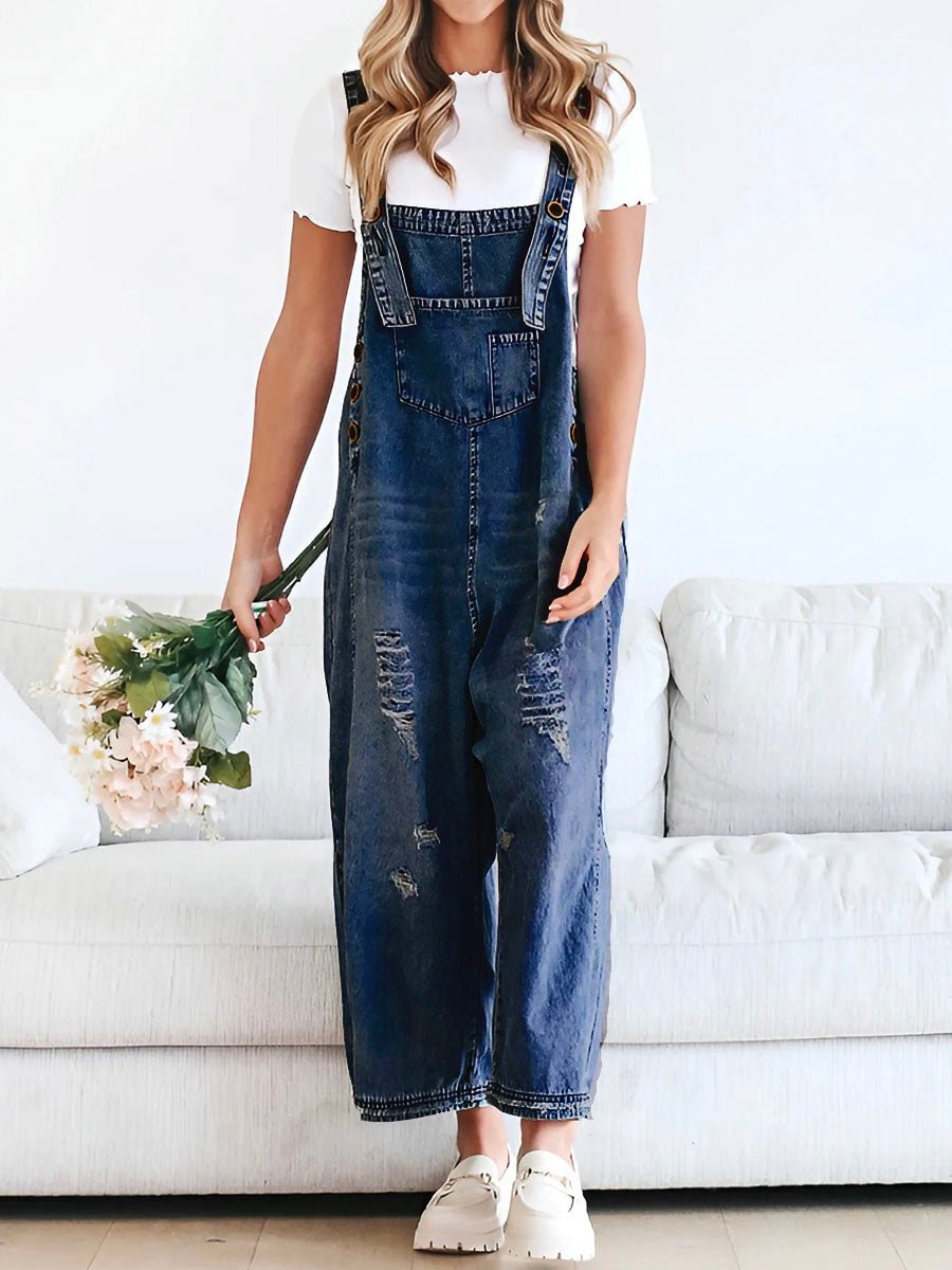 Women's Loose Fit Distressed Denim Overalls Dark Blue