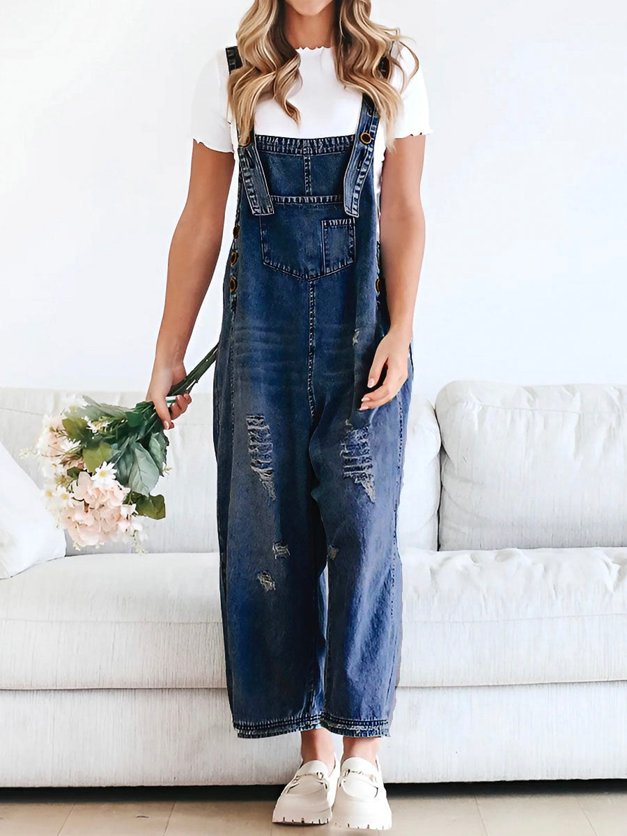 Women's Loose Fit Distressed Denim Overalls in Medium Blue color.