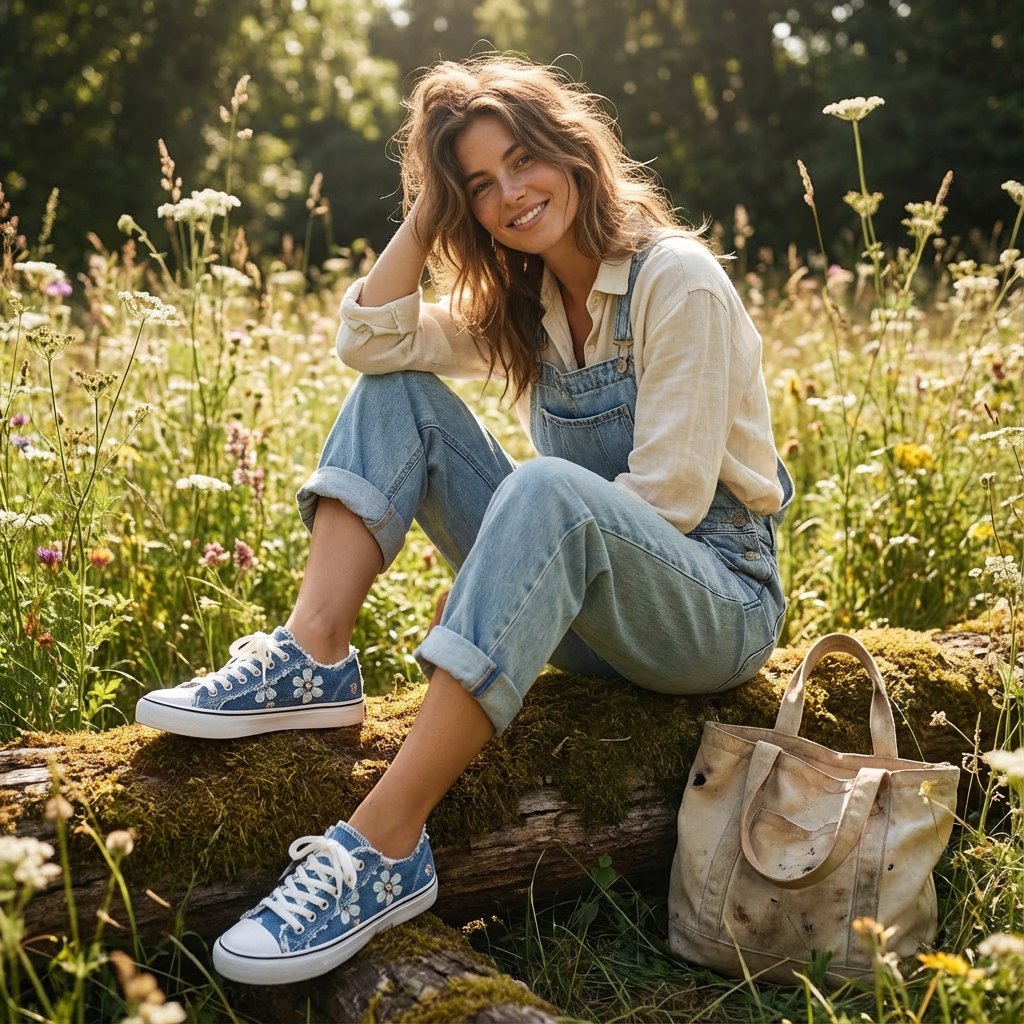 Flōre | Women's Denim Sneakers - Floral Embroidered - Frayed Edges - Lace Up